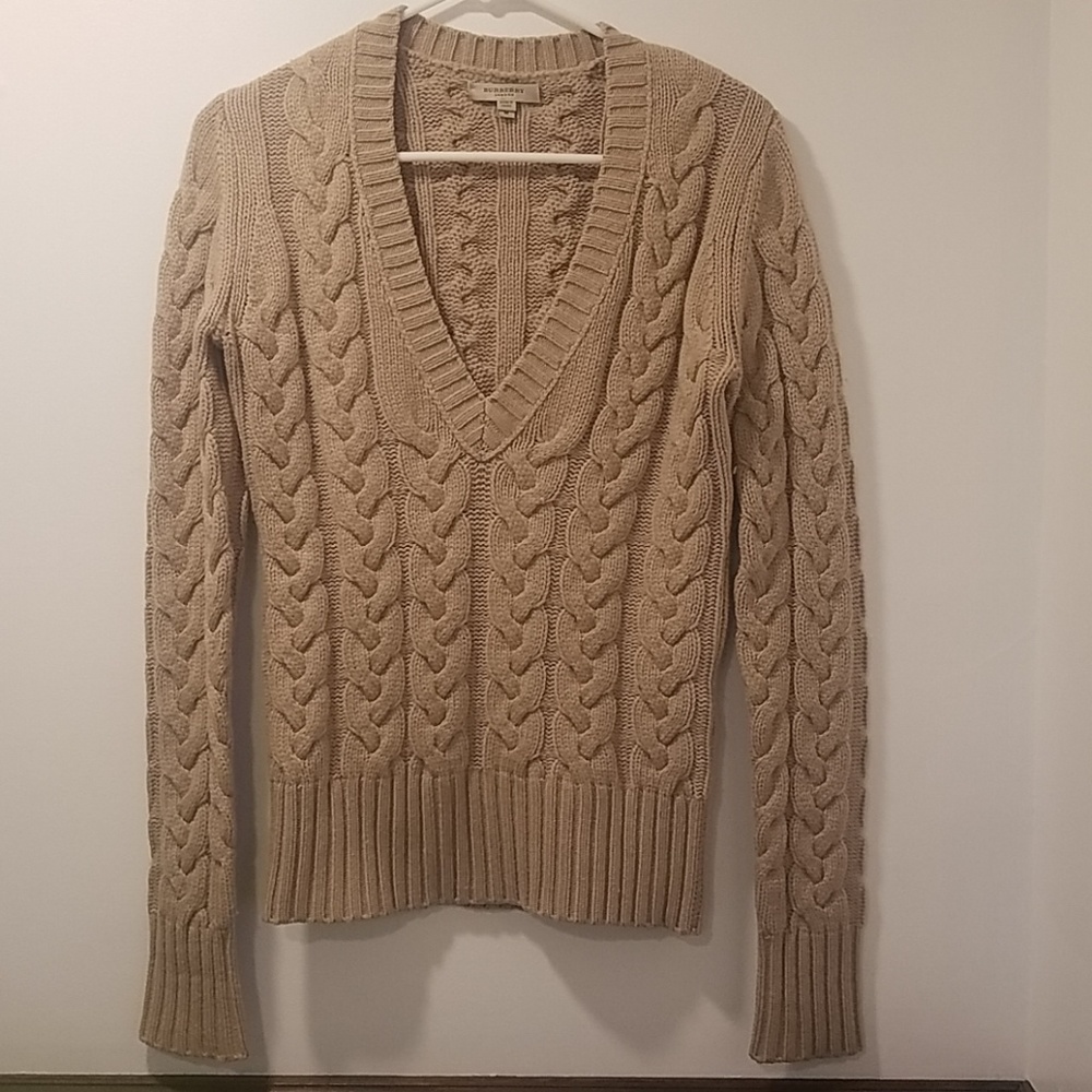 Tan Burberry Cashmere Cable V Neck Sweater